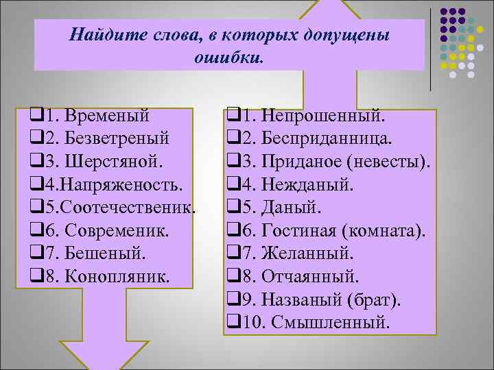 Найдите слова, в которых допущены ошибки. q 1. Временый q 2. Безветреный q 3.