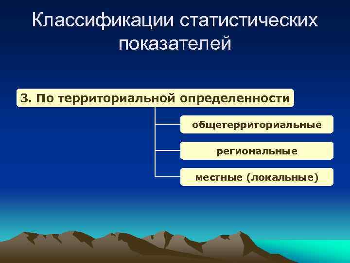 Классификации статистических показателей 3. По территориальной определенности общетерриториальные региональные местные (локальные) 