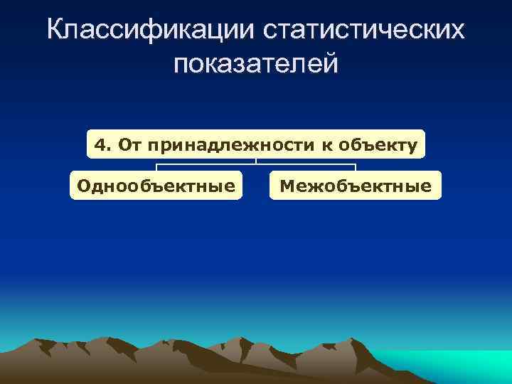 Классификации статистических показателей 4. От принадлежности к объекту Однообъектные Межобъектные 