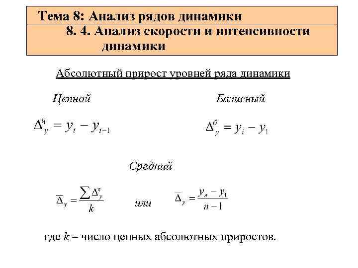 Тема 8: Анализ рядов динамики 8. 4. Анализ скорости и интенсивности динамики Абсолютный прирост