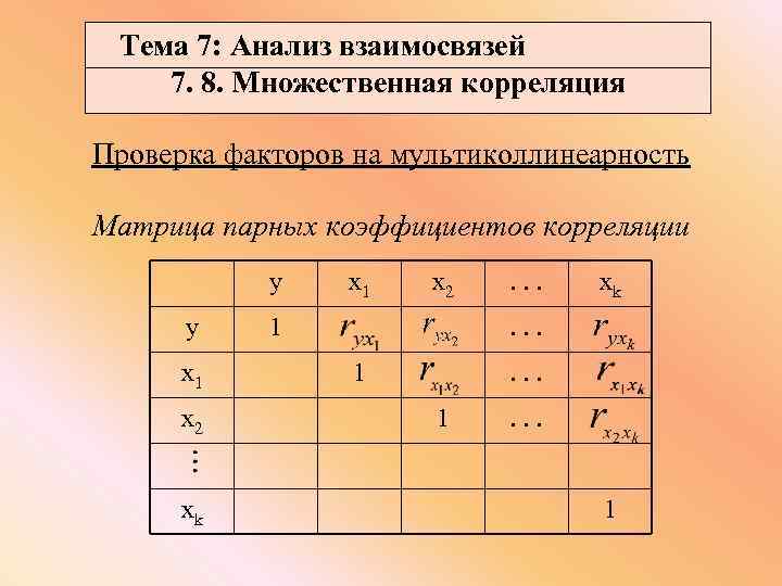 Тема 7: Анализ взаимосвязей 7. 8. Множественная корреляция Проверка факторов на мультиколлинеарность Матрица парных