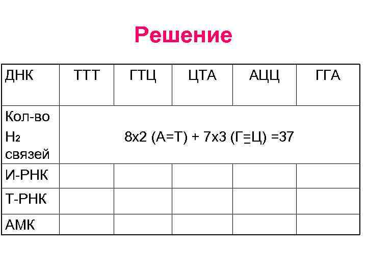 Решение ДНК Кол-во Н 2 связей И-РНК Т-РНК АМК ТТТ ГТЦ ЦТА АЦЦ 8