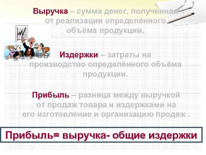 Выручка – сумма денег, полученная от реализации определённого объёма продукции. Издержки – затраты на