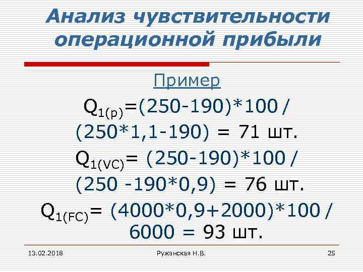 Анализ чувствительности операционной прибыли Пример Q 1(p)=(250 -190)*100 / (250*1, 1 -190) = 71