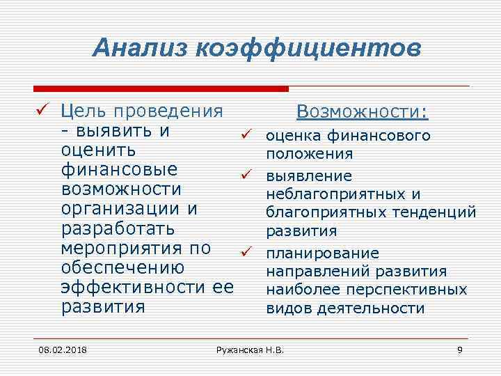 Анализ коэффициентов ü Цель проведения Возможности: - выявить и ü оценка финансового оценить положения