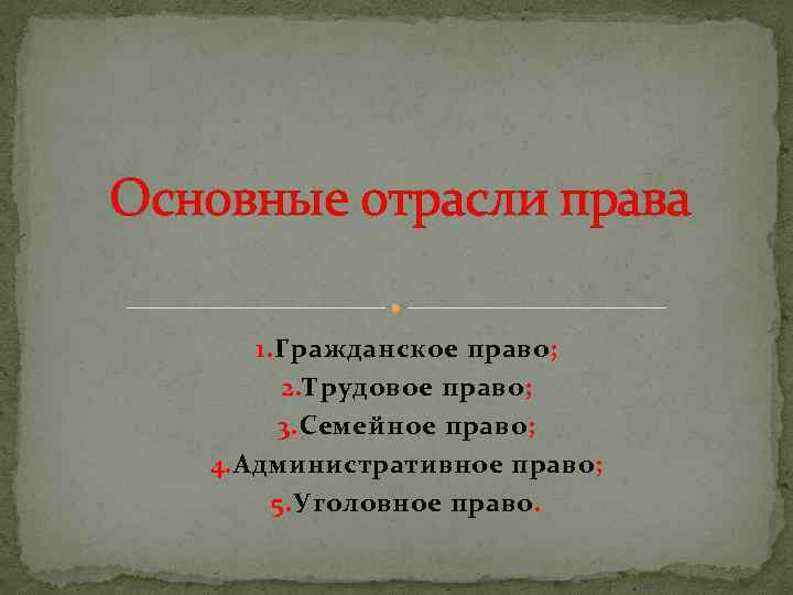 Основные отрасли права 1. Гражданское право; 2. Трудовое право; 3. Семейное право; 4. Административное