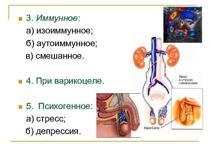 n 3. Иммунное: а) изоиммунное; б) аутоиммунное; в) смешанное. n 4. При варикоцеле. n