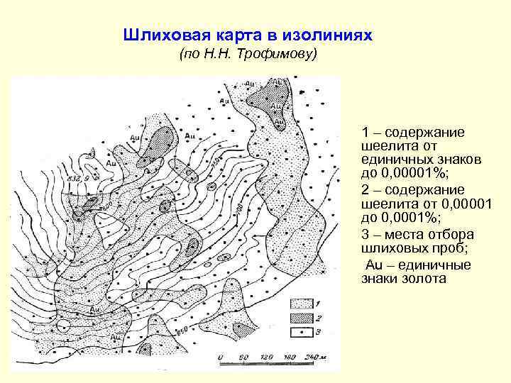 Шлиховая карта в изолиниях (по Н. Н. Трофимову) 1 – содержание шеелита от единичных