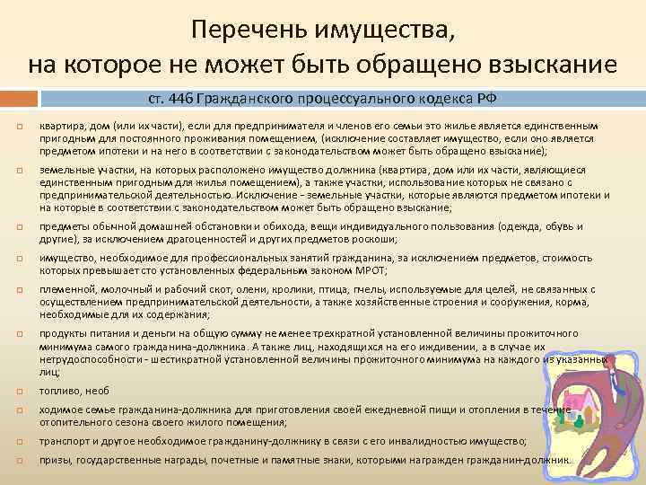 Перечень имущества, на которое не может быть обращено взыскание ст. 446 Гражданского процессуального кодекса