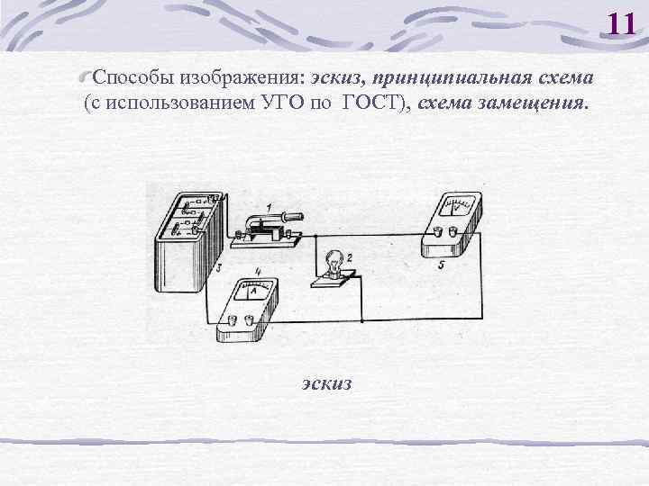 11 Способы изображения: эскиз, принципиальная схема (с использованием УГО по ГОСТ), схема замещения. эскиз