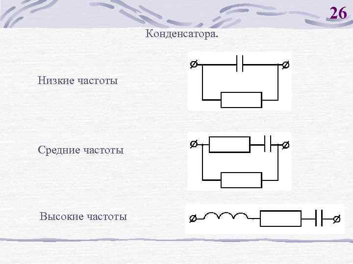 26 Конденсатора. Низкие частоты Средние частоты Высокие частоты 
