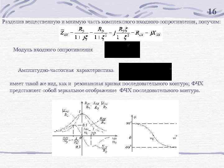 16 Разделив вещественную и мнимую часть комплексного входного сопротивления, получим: Модуль входного сопротивления Амплитудно-частотная