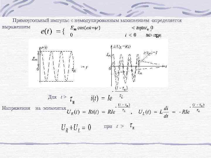  Прямоугольный импульс с немодулированным заполнением определяется выражением Для t > Напряжения на элементах