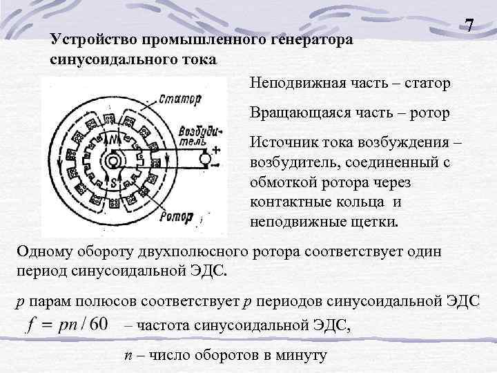 Устройство промышленного генератора синусоидального тока Неподвижная часть – статор 7 Вращающаяся часть – ротор