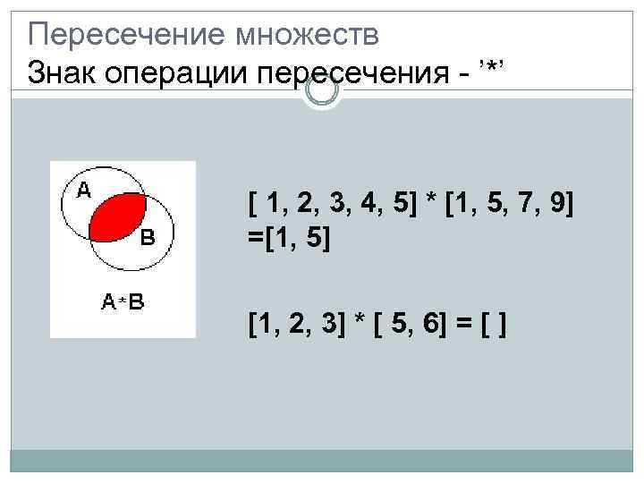 Пересечение множеств Знак операции пересечения - ’*’ [ 1, 2, 3, 4, 5] *