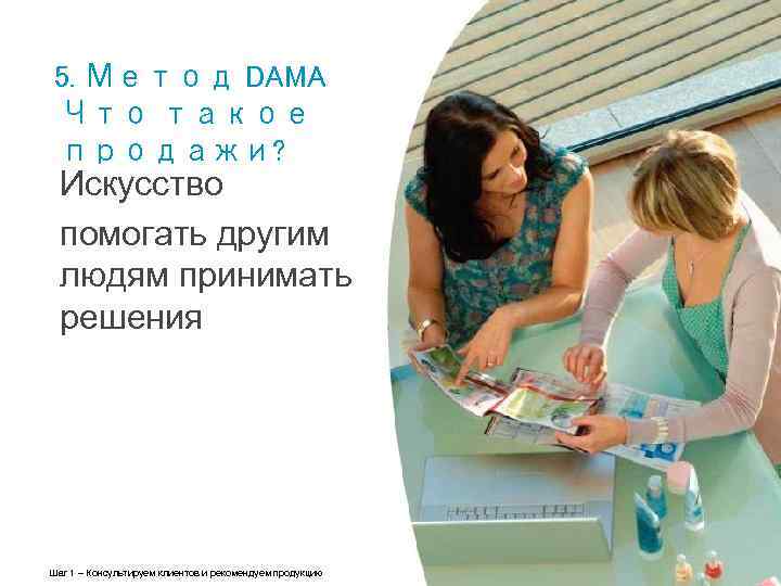 5. Метод DAMA Что такое продажи? Искусство помогать другим людям принимать решения Шаг 1