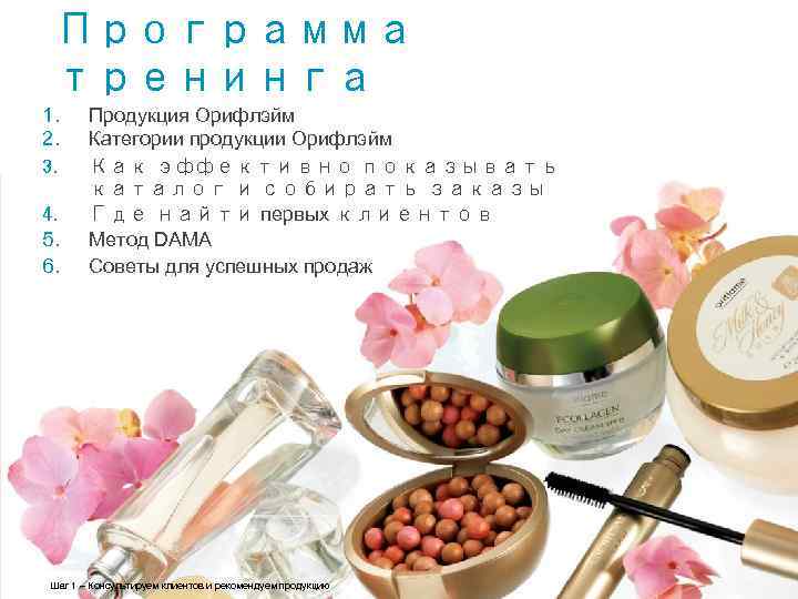 Программа тренинга 1. 2. 3. 4. 5. 6. Продукция Орифлэйм Категории продукции Орифлэйм Как