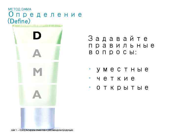 МЕТОД DAMA Определение (Define) Задавайте правильные вопросы: • уместные • четкие • открытые Шаг