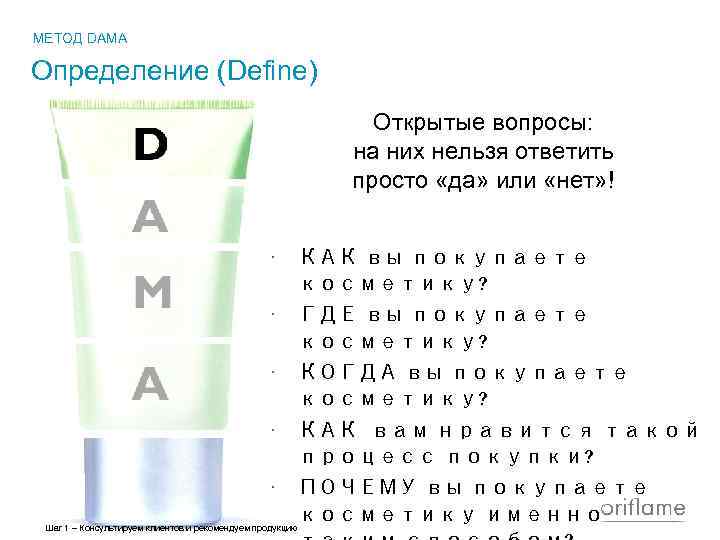 МЕТОД DAMA Определение (Define) Открытые вопросы: на них нельзя ответить просто «да» или «нет»