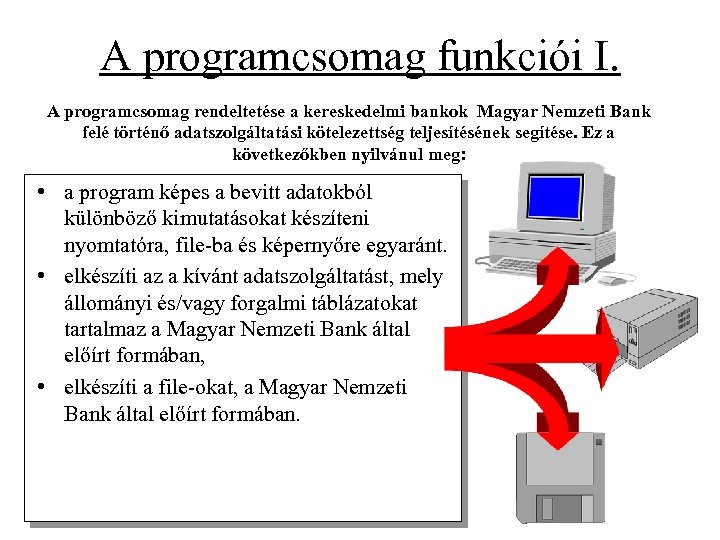 A programcsomag funkciói I. A programcsomag rendeltetése a kereskedelmi bankok Magyar Nemzeti Bank felé