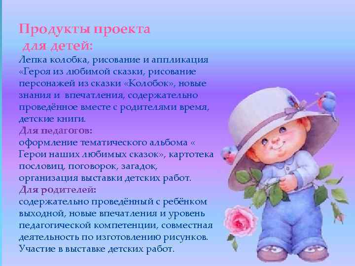 Продукты проекта для детей: Лепка колобка, рисование и аппликация «Героя из любимой сказки, рисование