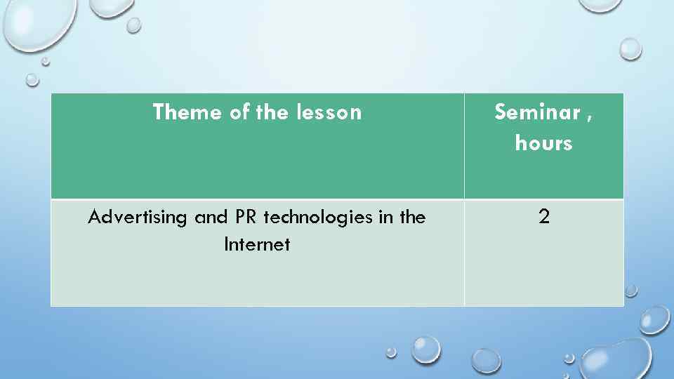 Theme of the lesson Seminar , hours Advertising and PR technologies in the Internet