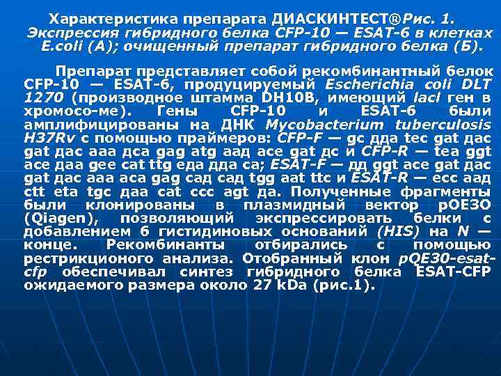 Характеристика препарата ДИАСКИНТЕСТ®Рис. 1. Экспрессия гибридного белка CFP-10 — ESAT-6 в клетках E. coli