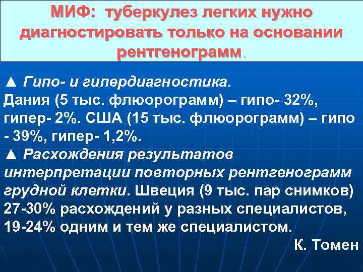 МИФ: туберкулез легких нужно диагностировать только на основании рентгенограмм. ▲ Гипо- и гипердиагностика. Дания