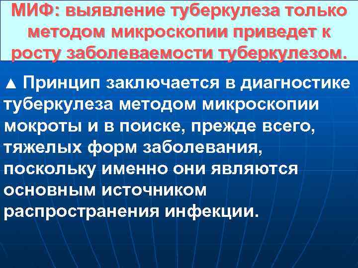 МИФ: выявление туберкулеза только методом микроскопии приведет к росту заболеваемости туберкулезом. ▲ Принцип заключается