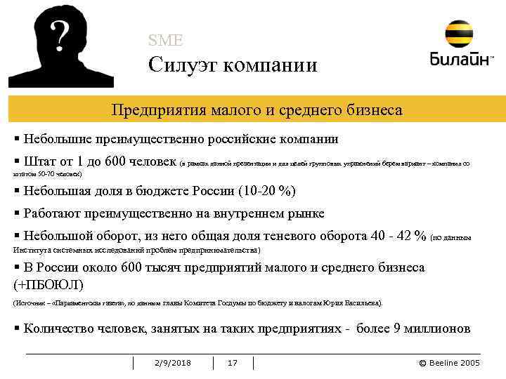 SME Силуэт компании Предприятия малого и среднего бизнеса § Небольшие преимущественно российские компании §