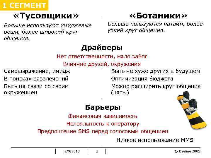 1 СЕГМЕНТ «Тусовщики» «Ботаники» Больше пользуются чатами, более узкий круг общения. Больше используют имиджевые