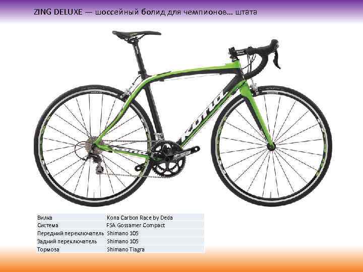 ZING DELUXE — шоссейный болид для чемпионов… штата Вилка Система Передний переключатель Задний переключатель