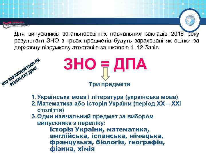 Для випускників загальноосвітніх навчальних закладів 2018 року результати ЗНО з трьох предметів будуть зараховані