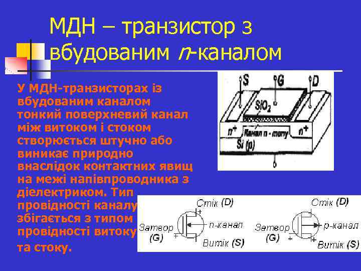 МДН – транзистор з вбудованим n каналом n n У МДН-транзисторах із вбудованим каналом