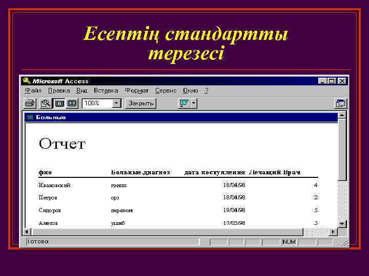 Есептің стандартты терезесі 