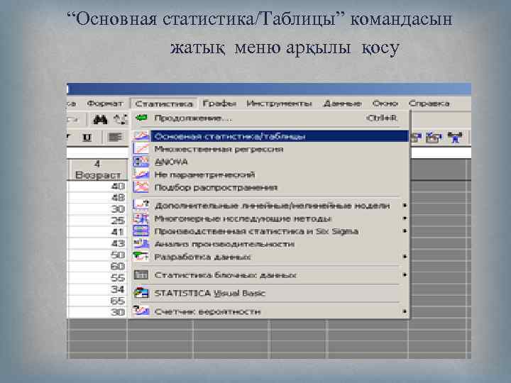  “Основная статистика/Таблицы” командасын жатық меню арқылы қосу 