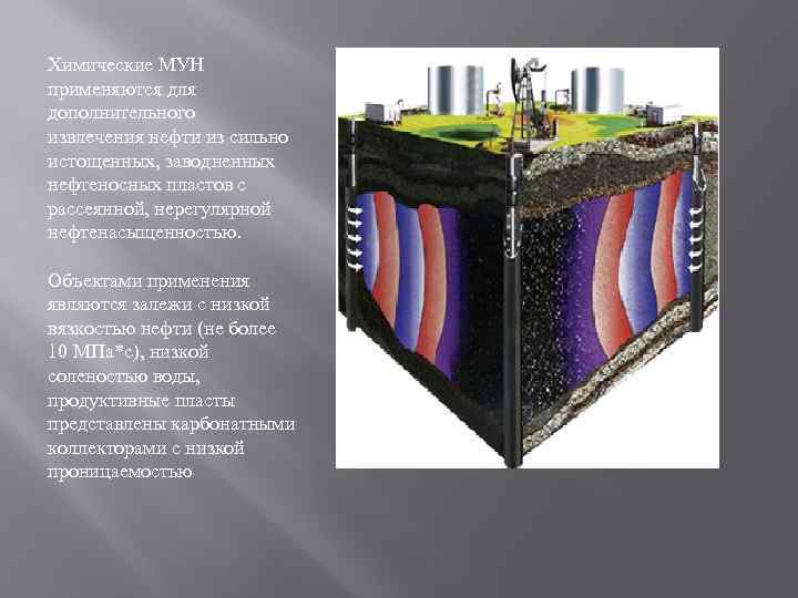 Химические МУН применяются для дополнительного извлечения нефти из сильно истощенных, заводненных нефтеносных пластов с