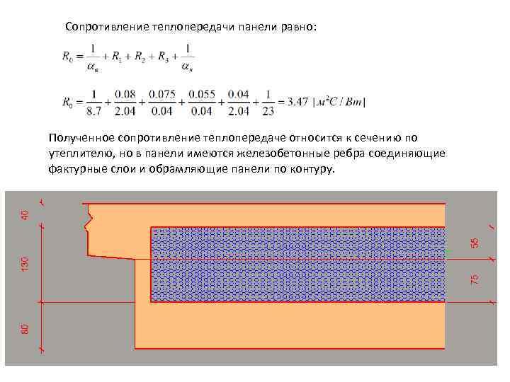Сопротивление теплопередачи панели равно: Полученное сопротивление теплопередаче относится к сечению по утеплителю, но в
