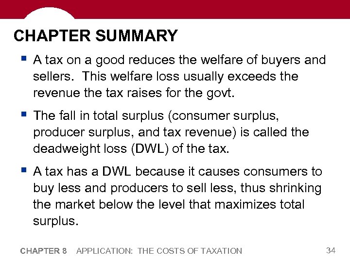 CHAPTER SUMMARY § A tax on a good reduces the welfare of buyers and