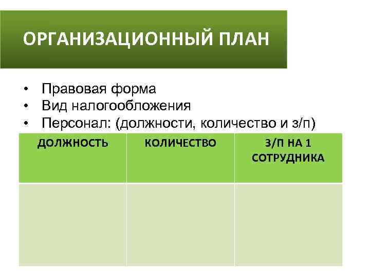 ОРГАНИЗАЦИОННЫЙ ПЛАН • Правовая форма • Вид налогообложения • Персонал: (должности, количество и з/п)
