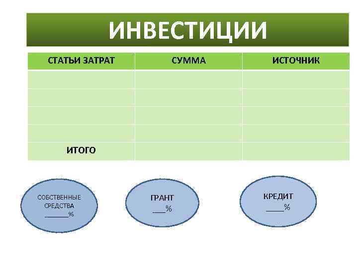 ИНВЕСТИЦИИ СТАТЬИ ЗАТРАТ СУММА ИСТОЧНИК ИТОГО СОБСТВЕННЫЕ СРЕДСТВА _______% ГРАНТ ___% КРЕДИТ ____% 