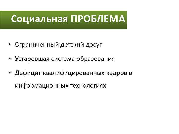 Социальная ПРОБЛЕМА • Ограниченный детский досуг • Устаревшая система образования • Дефицит квалифицированных кадров