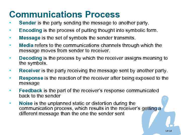 Communications Process • • Sender is the party sending the message to another party.