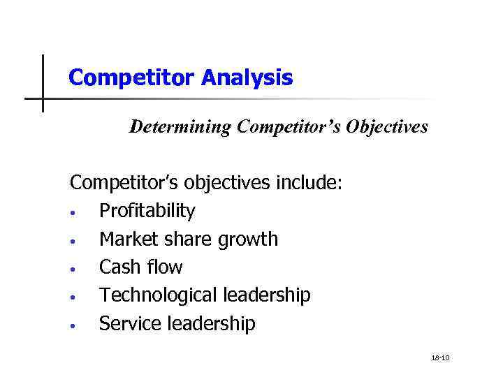 Competitor Analysis Determining Competitor’s Objectives Competitor’s objectives include: • Profitability • Market share growth