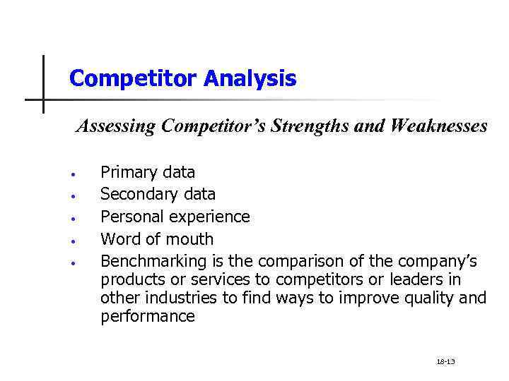 Competitor Analysis Assessing Competitor’s Strengths and Weaknesses • • • Primary data Secondary data