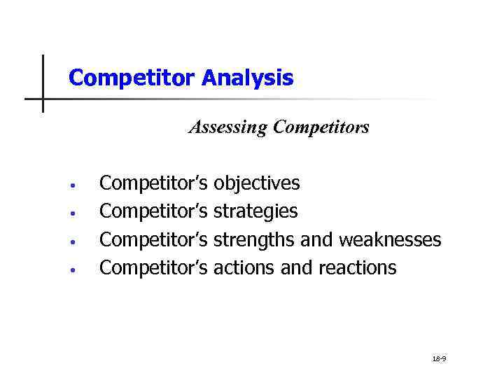 Competitor Analysis Assessing Competitors • • Competitor’s objectives strategies strengths and weaknesses actions and