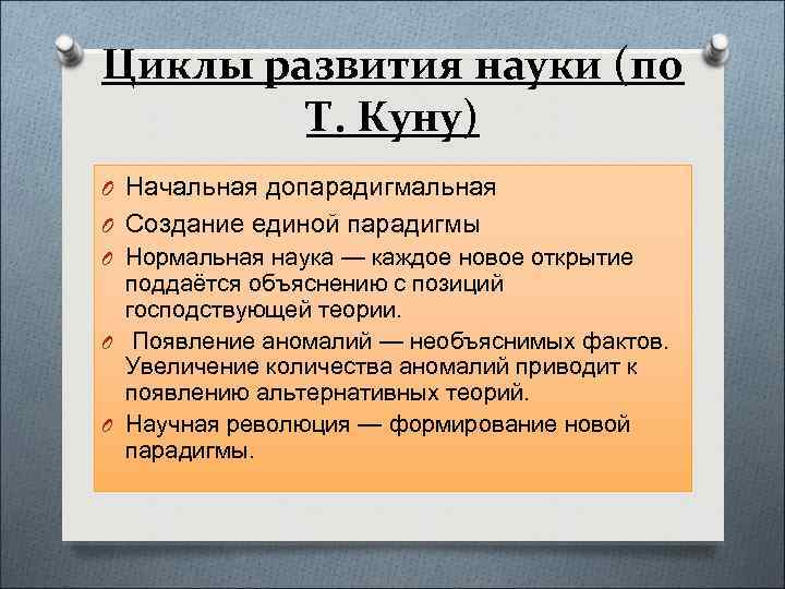 Циклы развития науки (по Т. Куну) O Начальная допарадигмальная O Создание единой парадигмы O