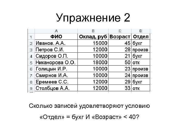 Упражнение 2 Сколько записей удовлетворяют условию «Отдел» = бухг И «Возраст» < 40? 