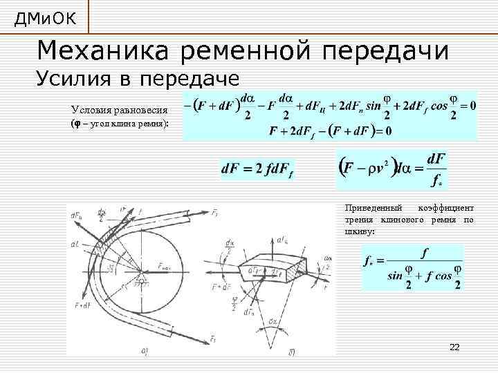 ДМи. ОК Механика ременной передачи Усилия в передаче Условия равновесия ( – угол клина