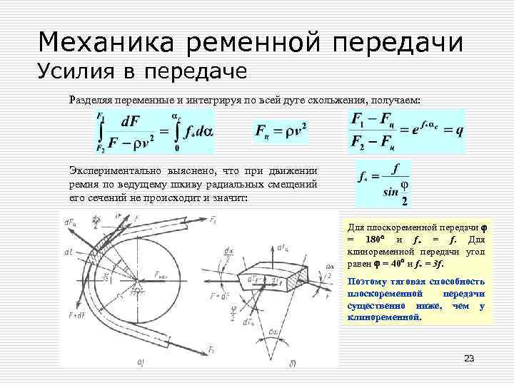 Механика ременной передачи Усилия в передаче Разделяя переменные и интегрируя по всей дуге скольжения,